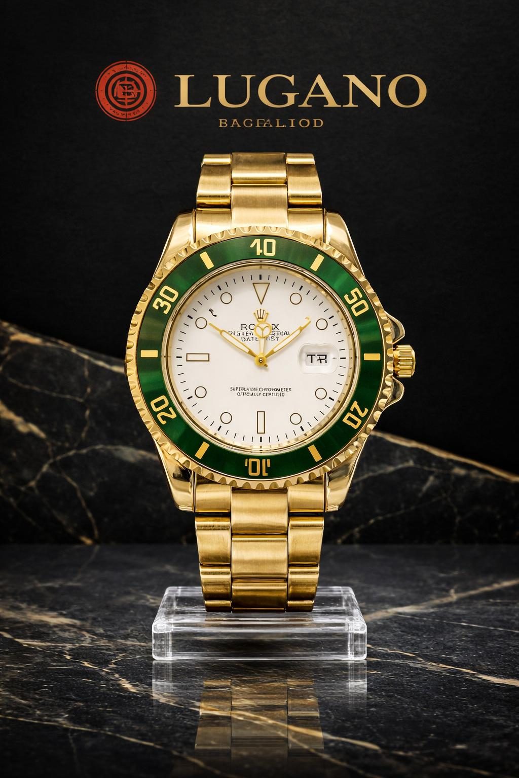 Rolex Oyster Perpetual Date - Dorado con Bisel Verde y Esfera Blanca · Elegante