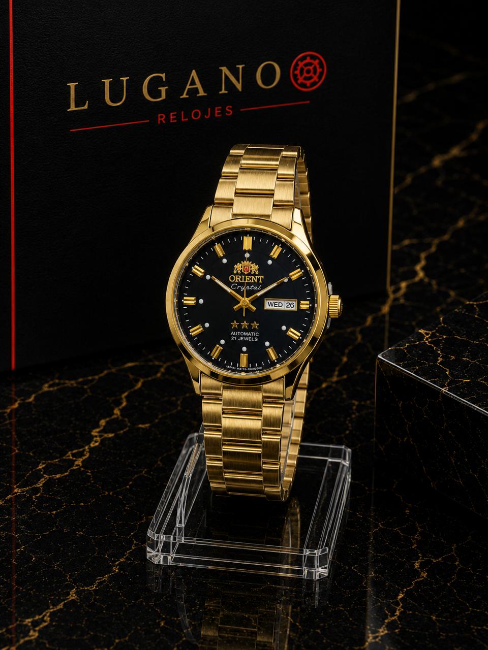 Reloj Orient Crystal 3 Estrellas - Dorado con negro · clásico