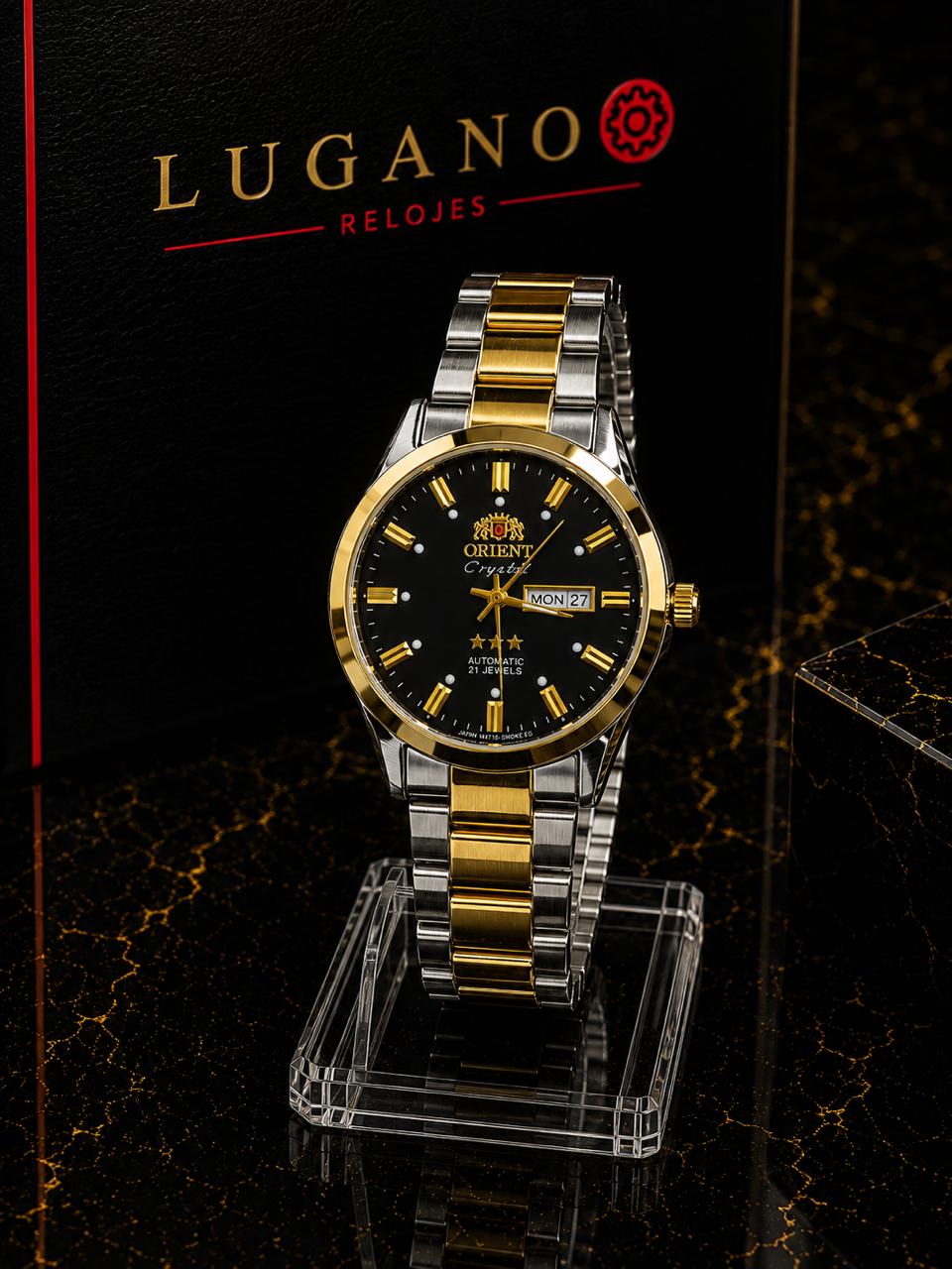 Reloj Orient Crystal 3 Estrellas - Negro con dorado y acero plateado · clásico