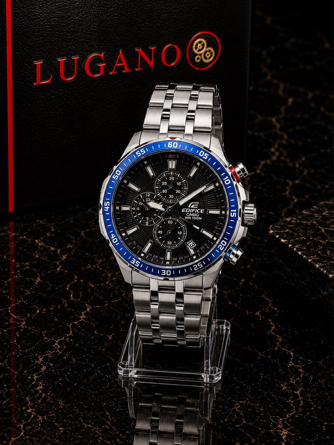 Reloj Casio Edifice para Caballero - Plateado · aro azul · esfera negra