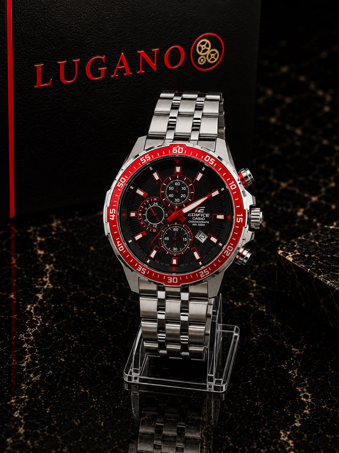 Reloj Casio Edifice para Caballero - Plateado · aro rojo · esfera negra