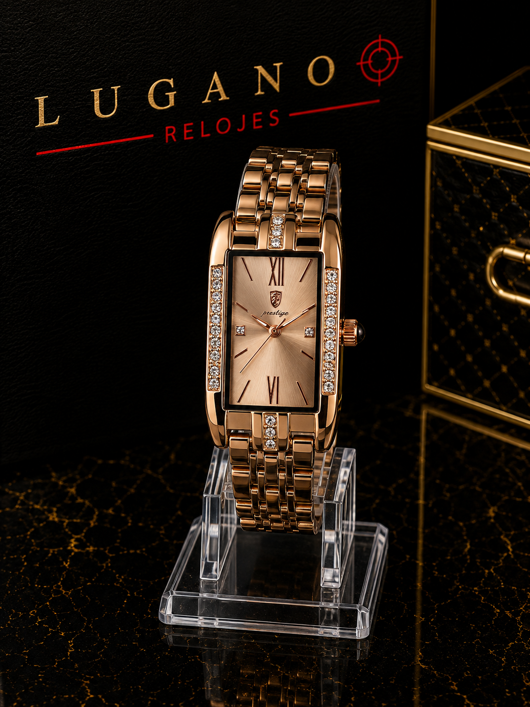 Prestige Reloj rectangular elegante con piedras - Oro rosa con detalles brillantes