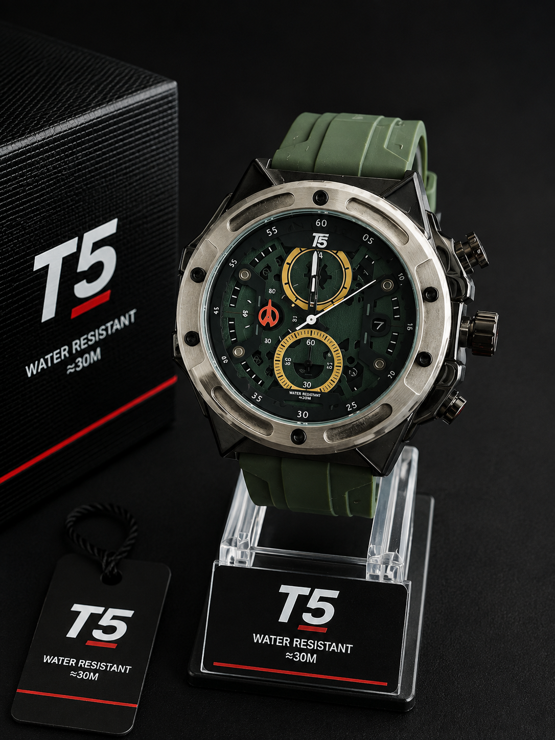 Reloj T5 multifuncional con correa verde - Verde con negro y dorado
