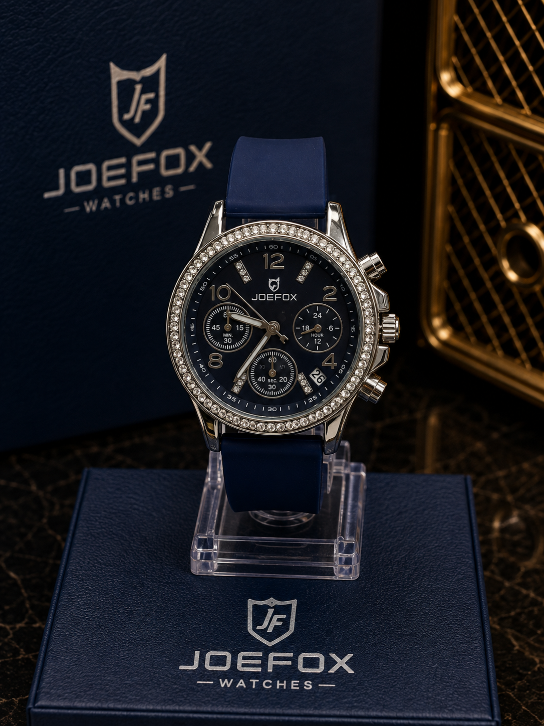 Joefox Cronógrafo Azul con Bisel de Cristales - Azul con dorado y cristal