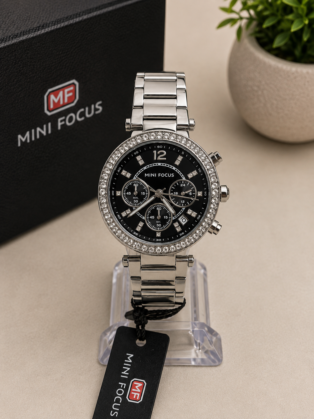 Mini Focus Elegante con bisel de cristales - Plateado con negro