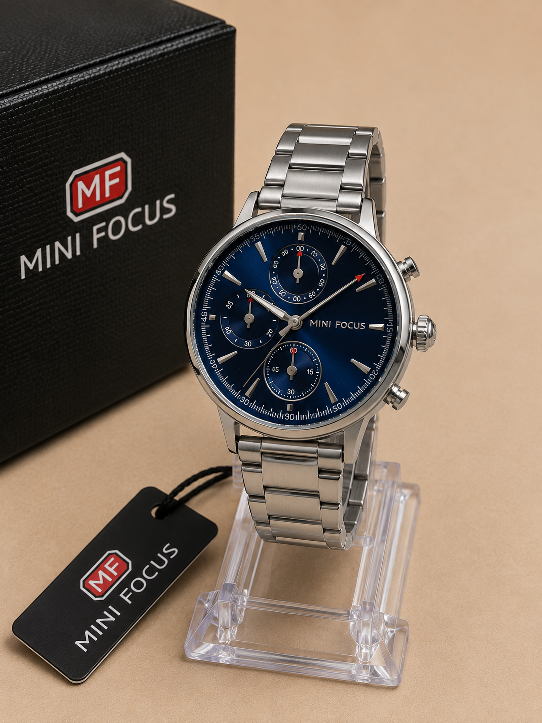 Mini Focus Cronógrafo Azul Pulsera Acero - Plateado con azul