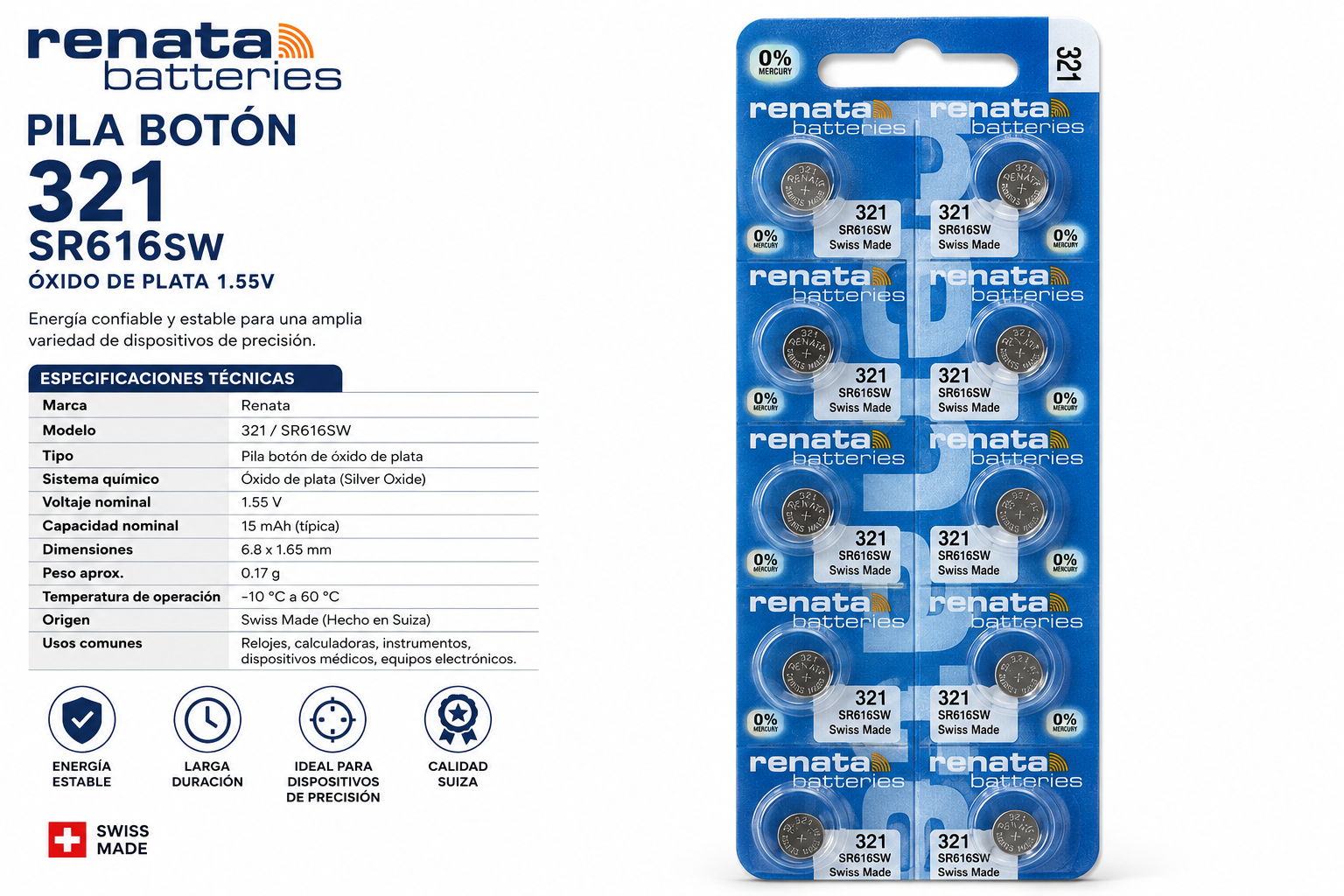 Pila botón Renata 321 SR616SW 1.55V - Variante 10WK0