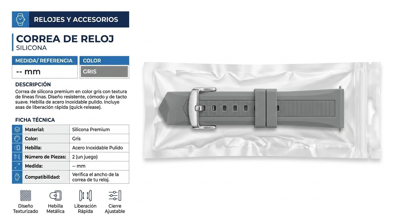 Correa para reloj silicona gris con hebilla acero inoxidable - Variante QS1QW
