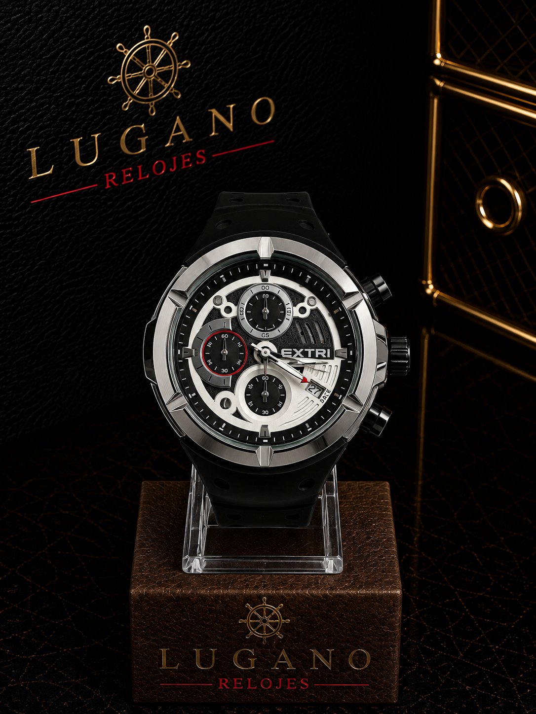 Reloj Cronógrafo Extri para Caballero - Negro con plateado y detalles rojos