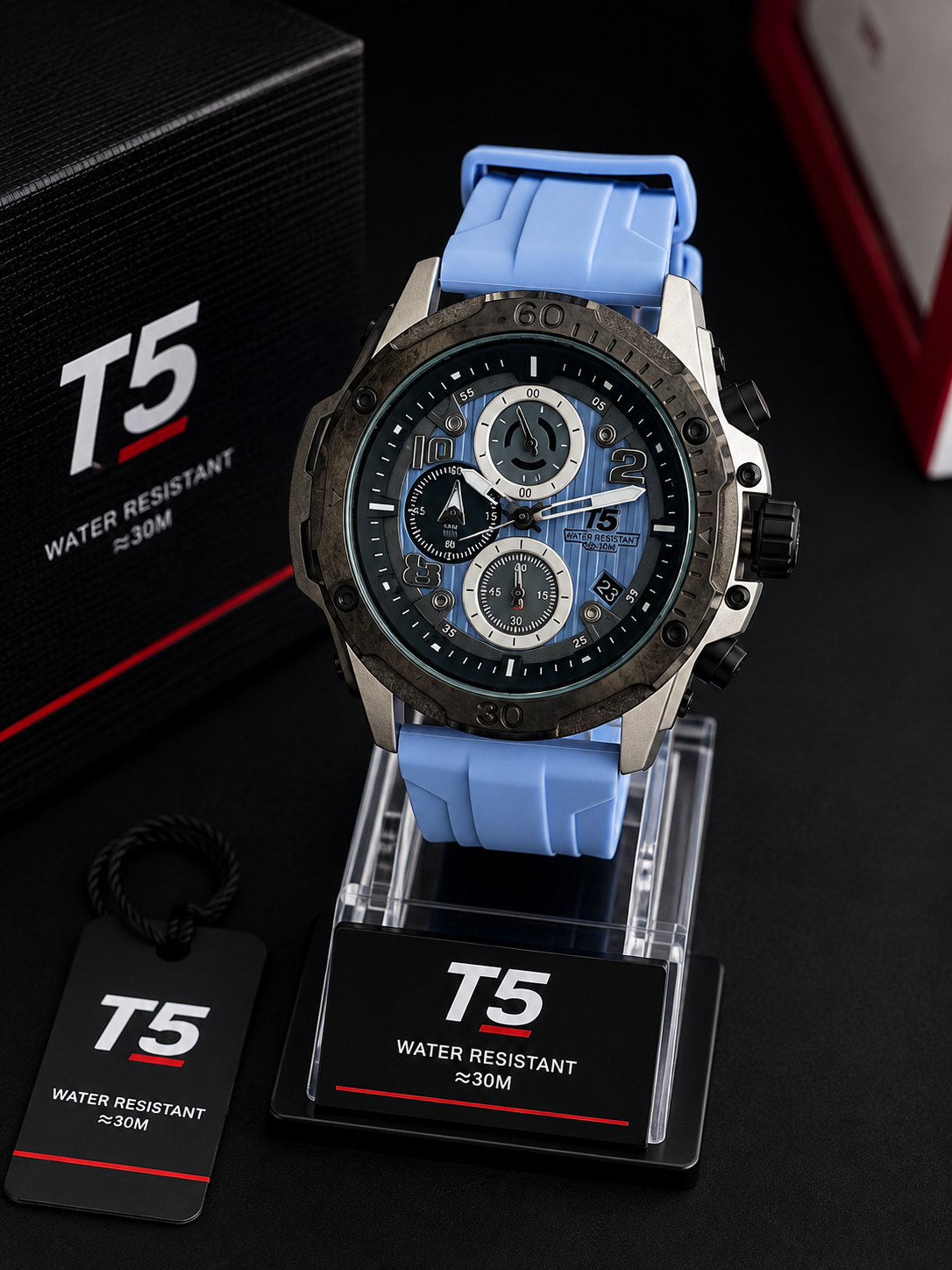 T5 Cronógrafo Deportivo - Azul cielo con gris y negro