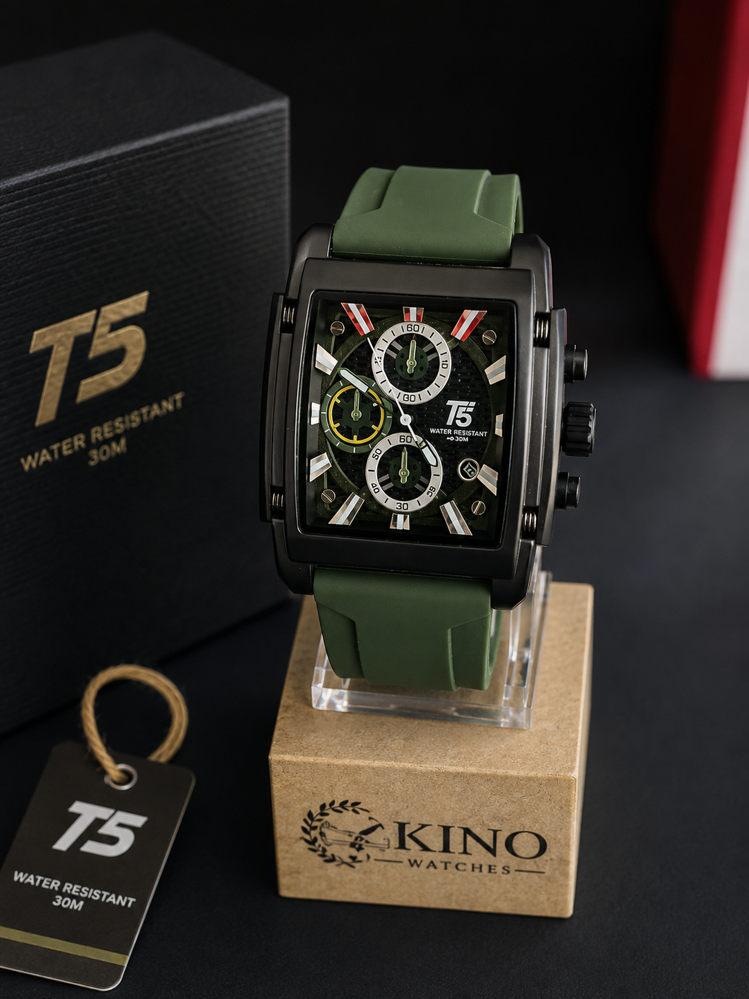 Reloj T5 Cuadrado con Múltiples Subdiales - Negro con verde
