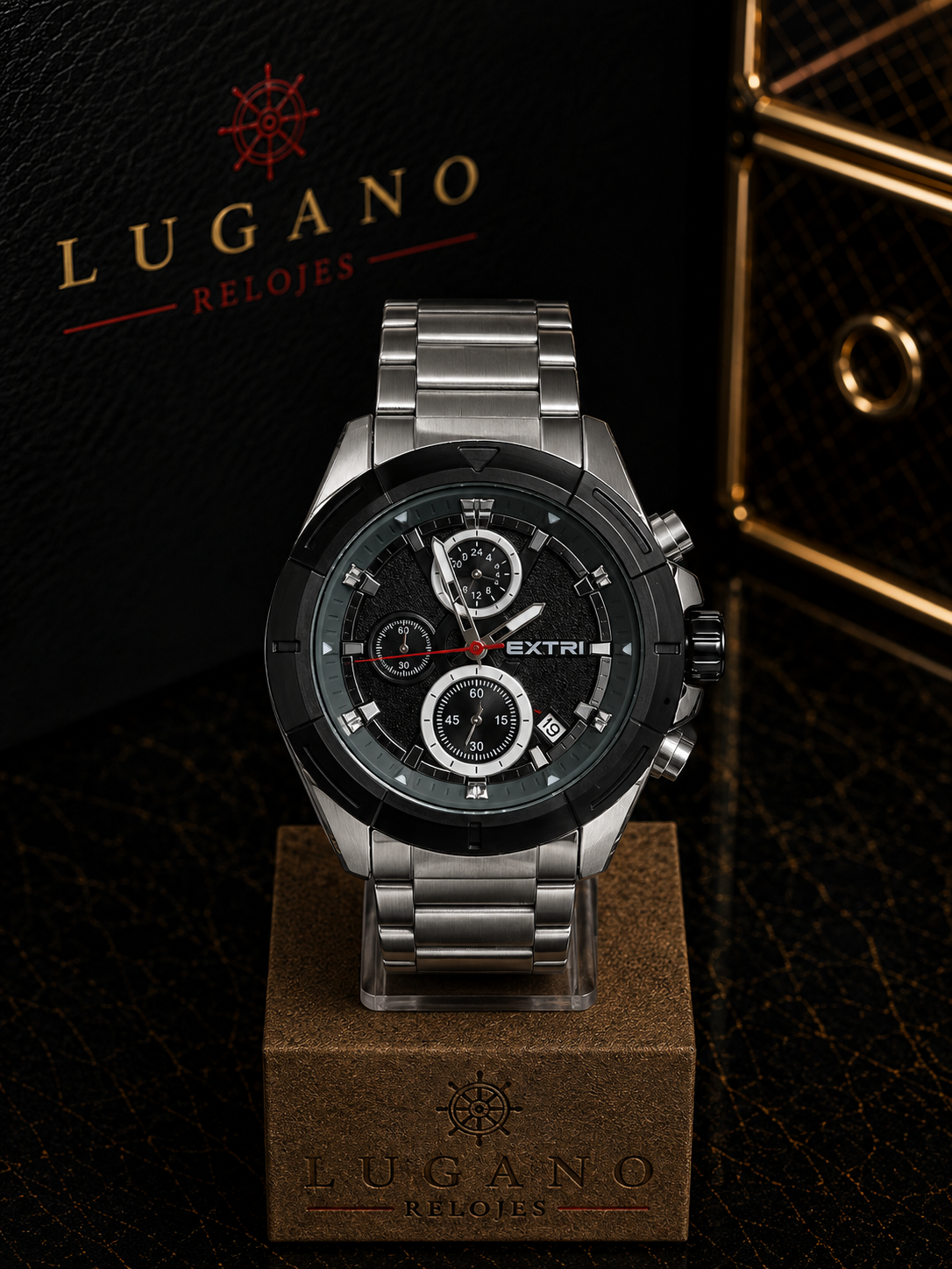 Reloj Cronógrafo EXTRI elegante acero y negro - Plata con negro y detalles rojos