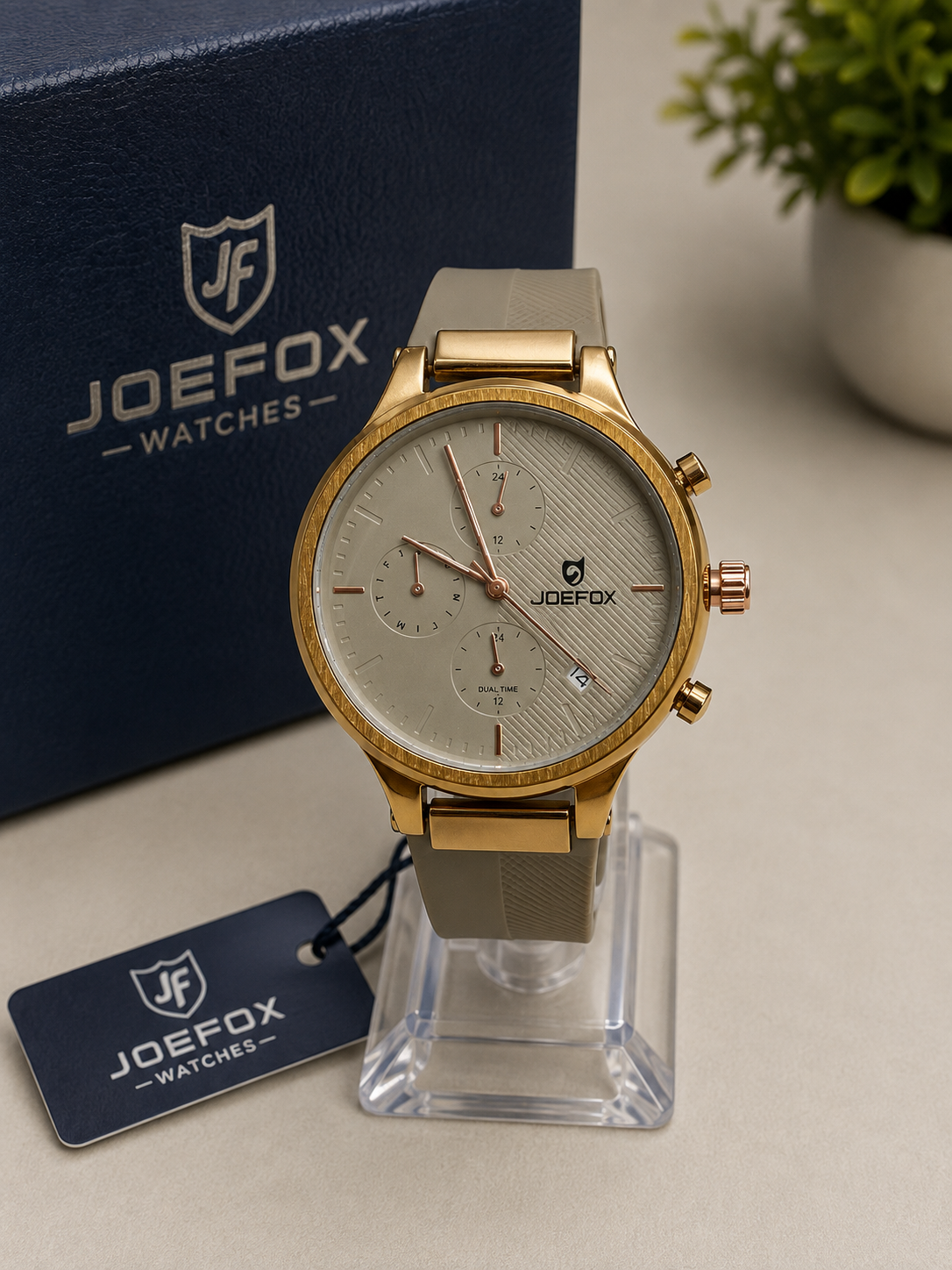 Reloj cronógrafo elegante dorado con correa de silicona café Joefox - Dorado con café