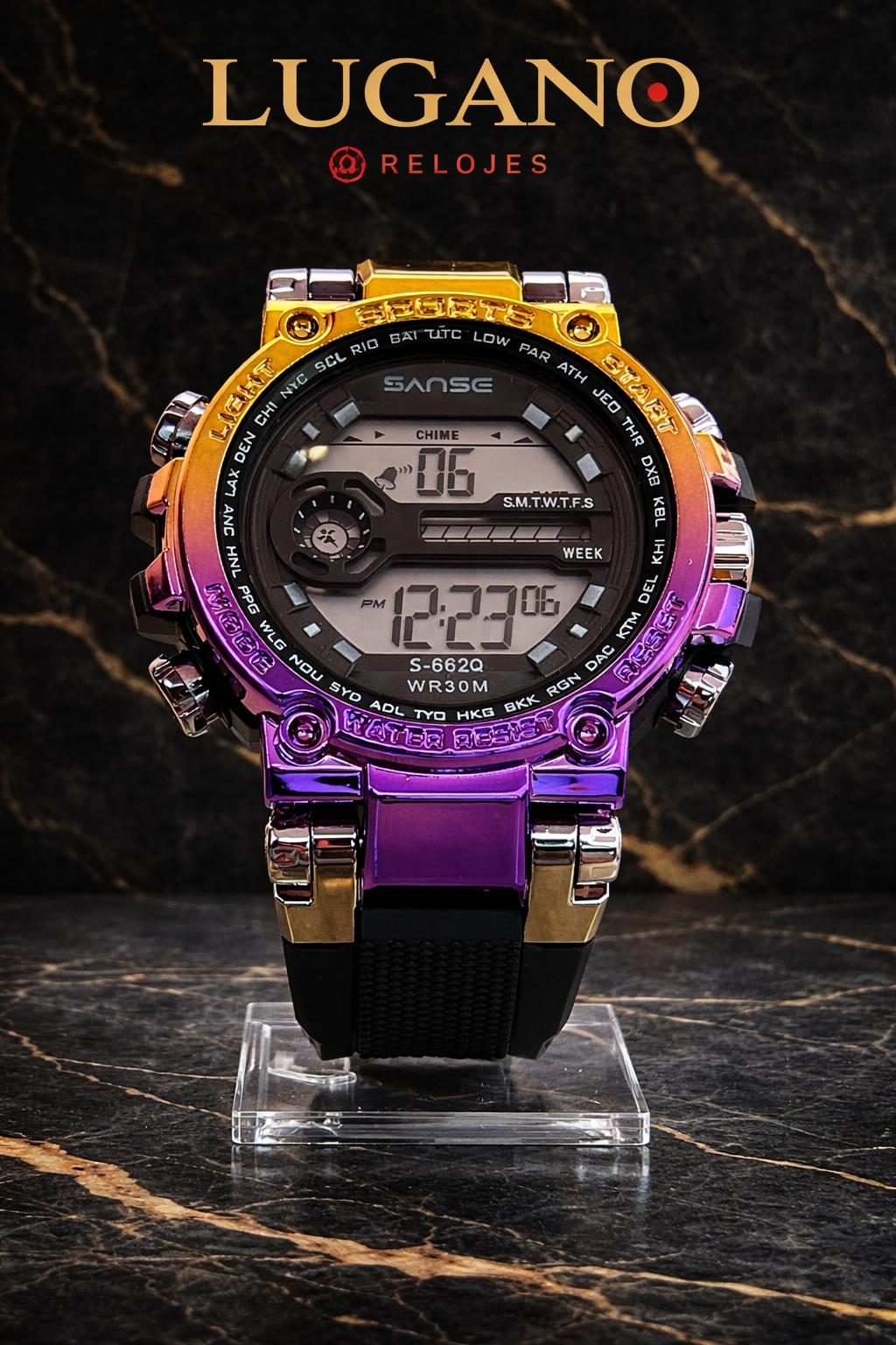 Reloj SANSE S-662Q Digital Deportivo - Iridescente oro–morado con detalles negros