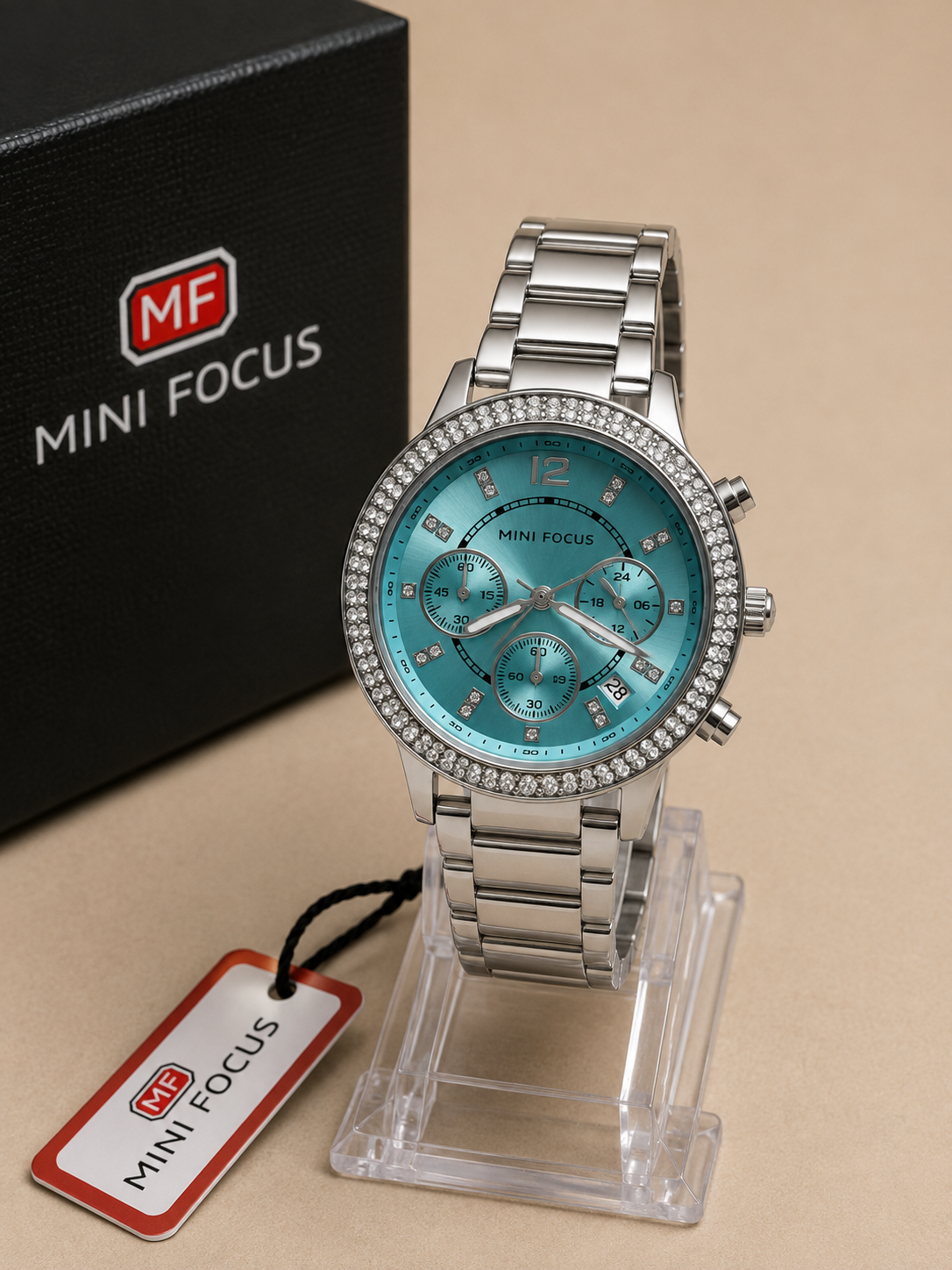 MINI FOCUS Multifunction Crystal Bezel Silver Turquoise - Plateado con esfera turquesa y detalles plateados