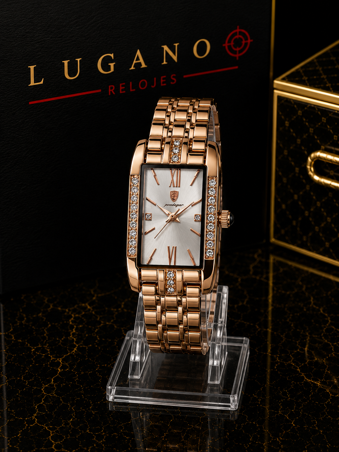Reloj elegante rectangular oro rosa con cristales - Oro rosa con cristal y plateado