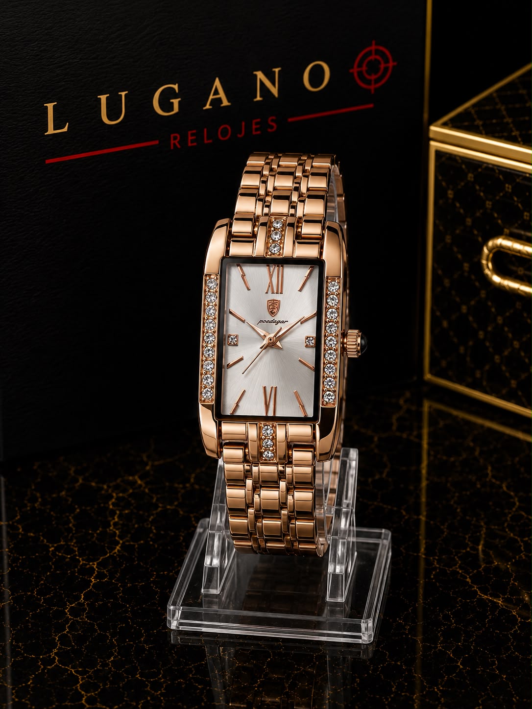 Reloj Poedagar Rectangular con Cristales - Dorado rosa con esfera plateada · elegante