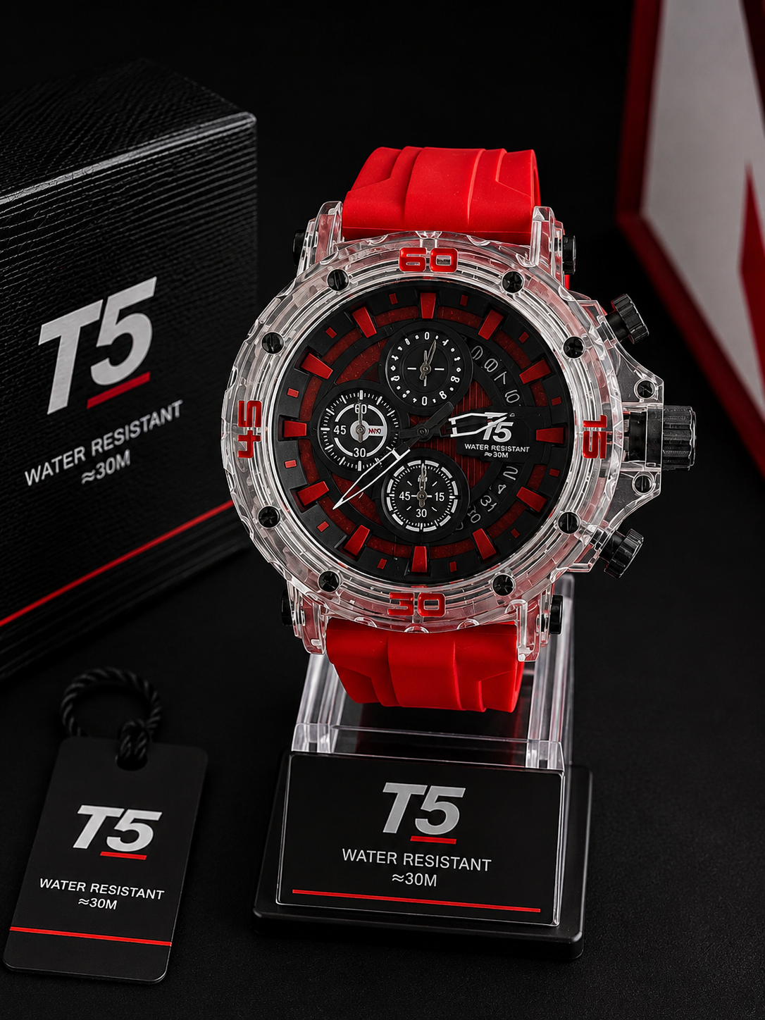 Reloj Deportivo T5 Multifuncional con Correa Roja - Rojo con negro y transparente