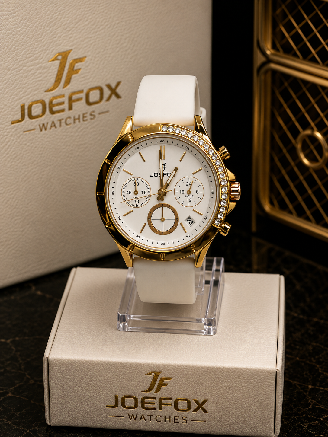 Joefox Cronógrafo dorado con correa blanca - Blanco con dorado